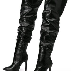 Women Over the Knee Zipper Side Pointed Toe Stiletto Heeled Boots Black  Size US